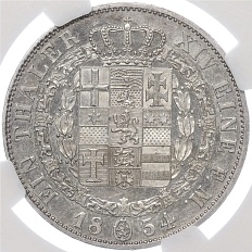 1 талер 1854 года Гессен-Кассель — в слабе NGC (AU58) — Фото №2