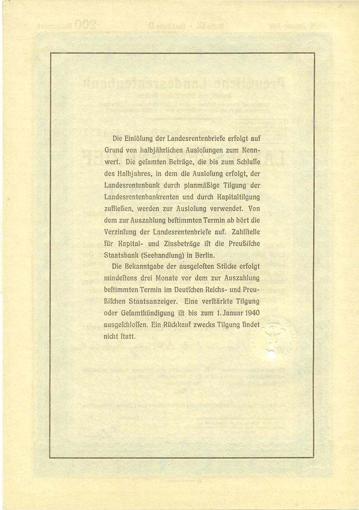 4 1/2% облигация на 200 рейхсмарок 1937 года Германия (Прусский государственный пенсионный банк) — Фото №2