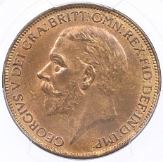 1 пенни 1927 года Великобритания (Король Георг V) в слабе PCGS (MS64RB) — Фото №2