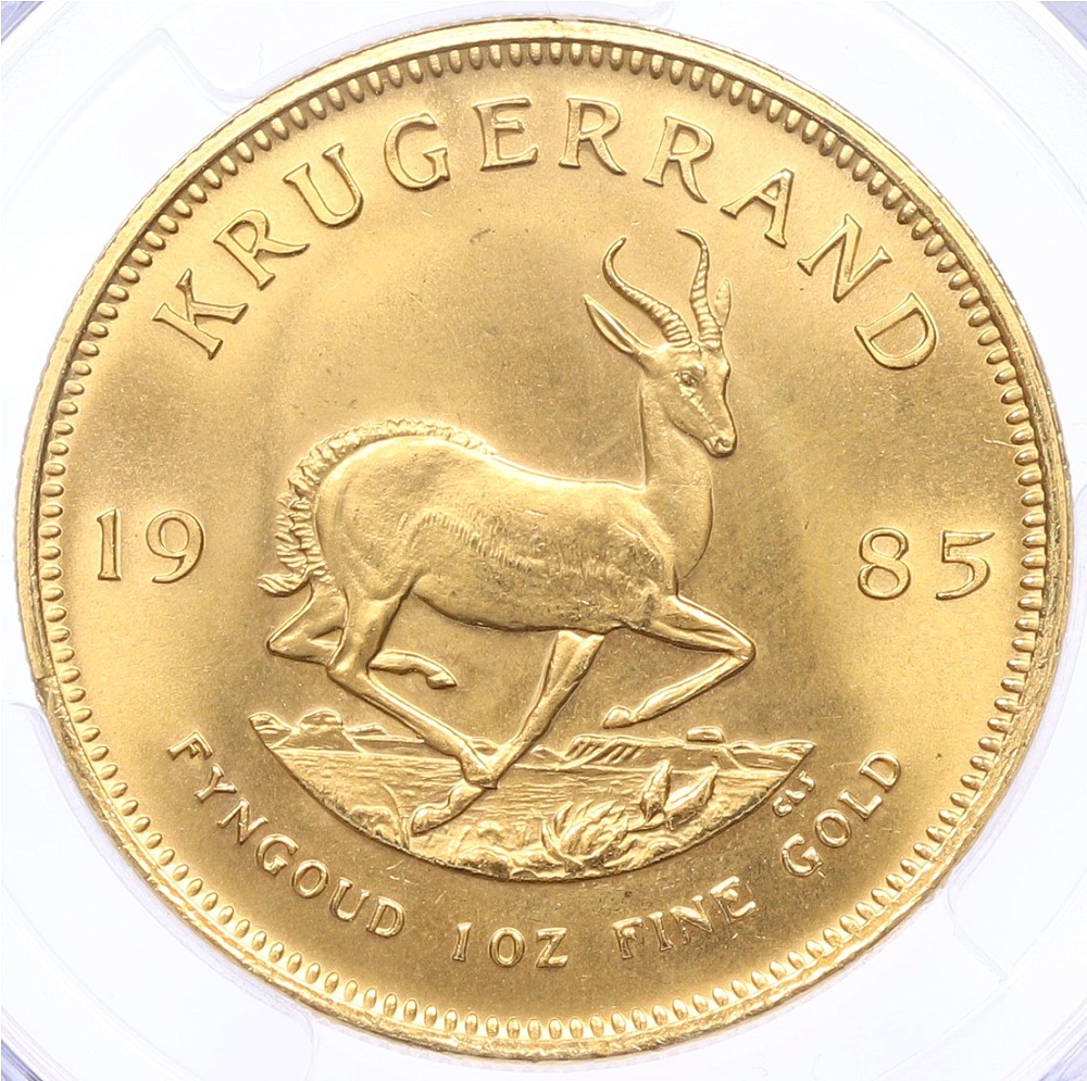 1 крюгеррэнд 1985 года ЮАР — в слабе PCGS (MS67) — Фото №1