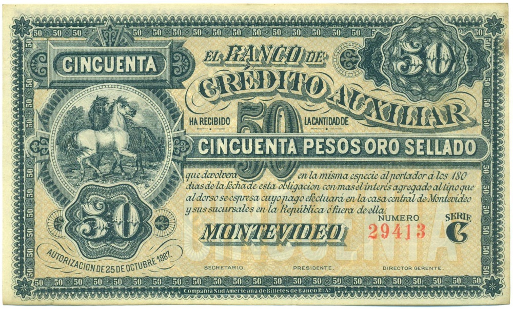 50 песо 1887 года Уругвай — Фото №1