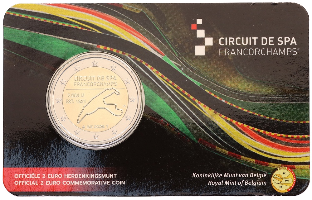 2 евро 2025 года Бельгия «Автодром Спа-Франкоршам» (Надписи на лицевой стороне блистера на фламандском и английском) — Фото №1
