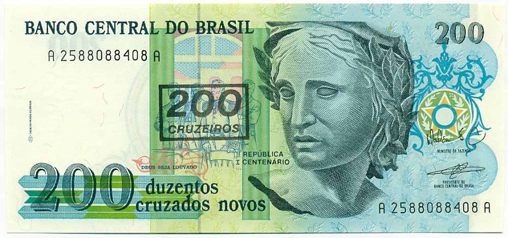 200 крузейро 1990 года Бразилия (Надпечатка на 200 новых крузадо) — Фото №1