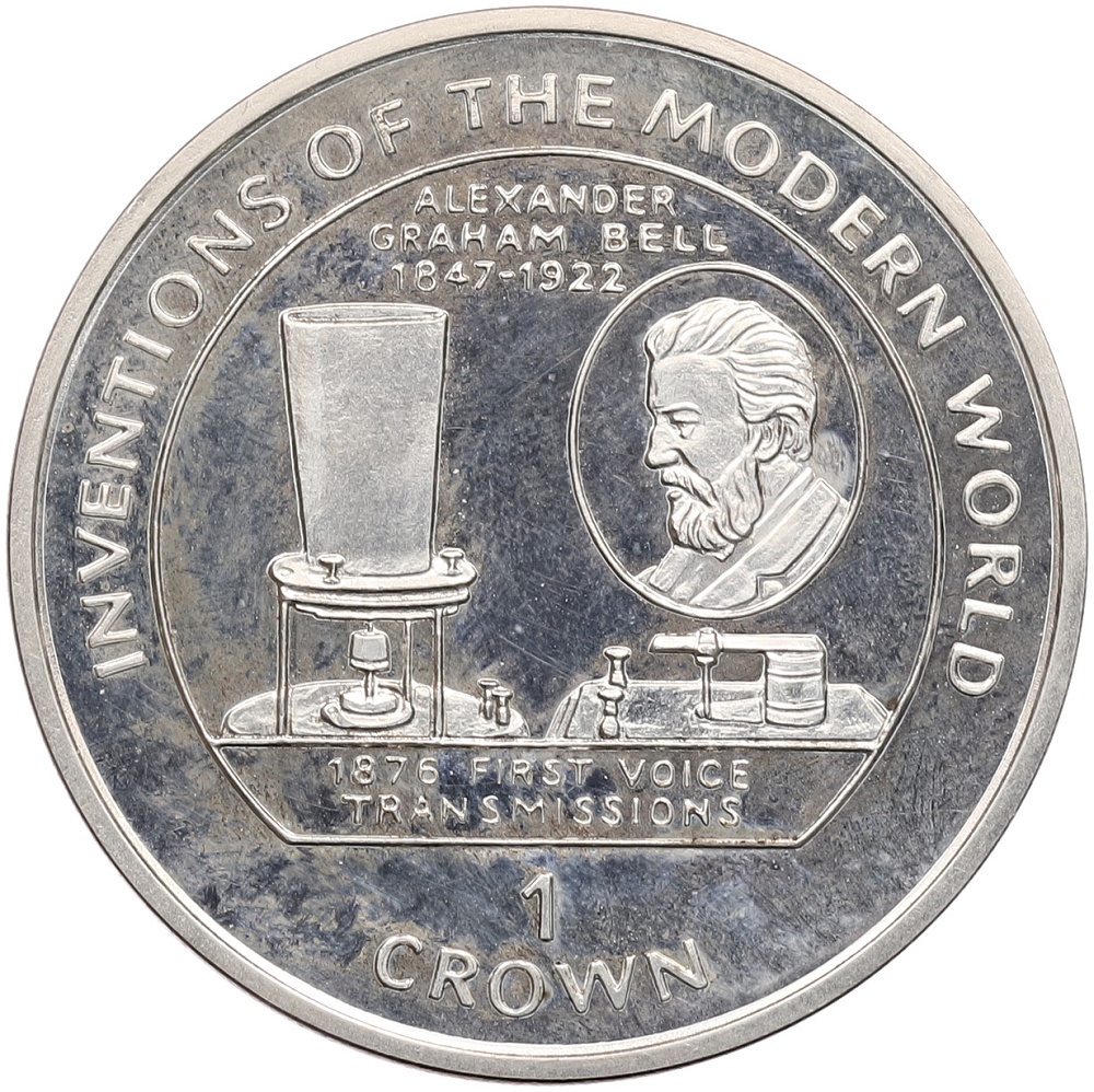 1 крона 1996 года Остров Мэн «Изобретения современного мира — Александр Грейам Белл, голосовая передача» — Фото №1
