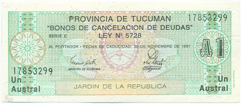 1 аустраль 1991 года Аргентина — Провинция Тукуман — Фото №1