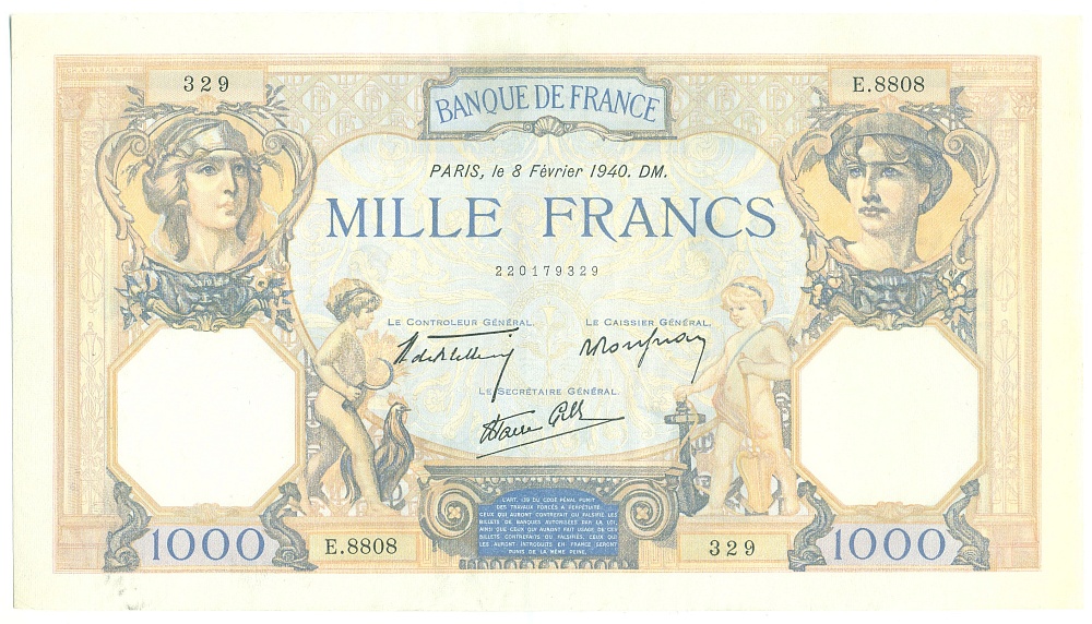1000 франков 1940 года Франция — Фото №1
