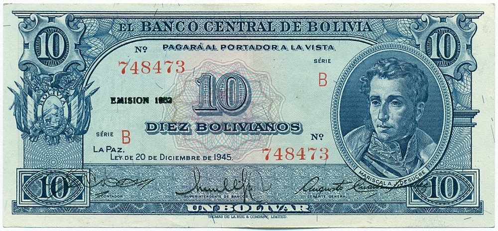 10 боливиано 1952 года Боливия — Фото №1