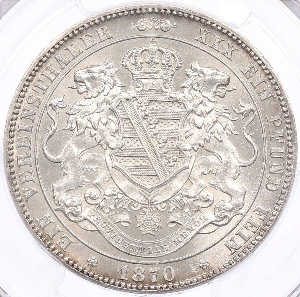 1 союзный талер 1870 года Саксония (Король Иоганн) в слабе PCGS (MS64) — Фото №2