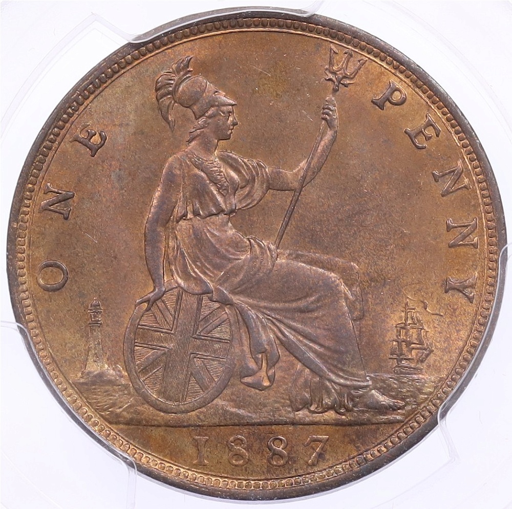 1 пенни 1887 года Великобритания (Королева Виктория) в слабе PCGS (MS65RB) — Фото №1