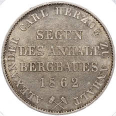 1 талер 1862 года Ангальт-Бернбург — в слабе PCGS (MS62) — Фото №2