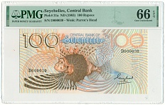100 рупий 1983 года Сейшелы в слабе PMG (Gem UNC 66) — Фото №1