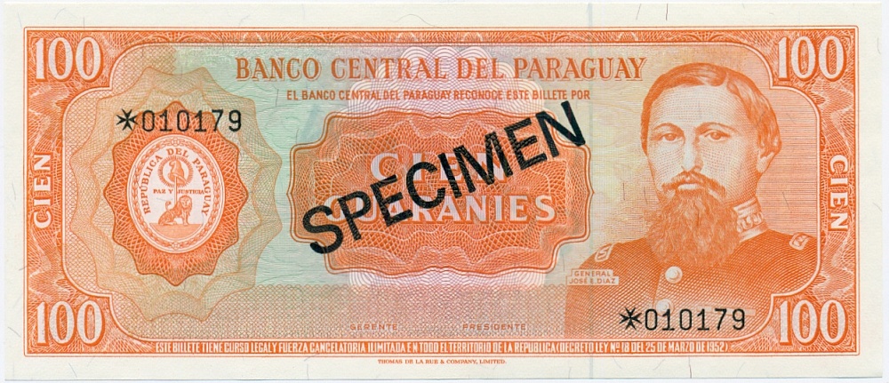 100 гуарани 1952 года Парагвай (Образец) — Фото №1