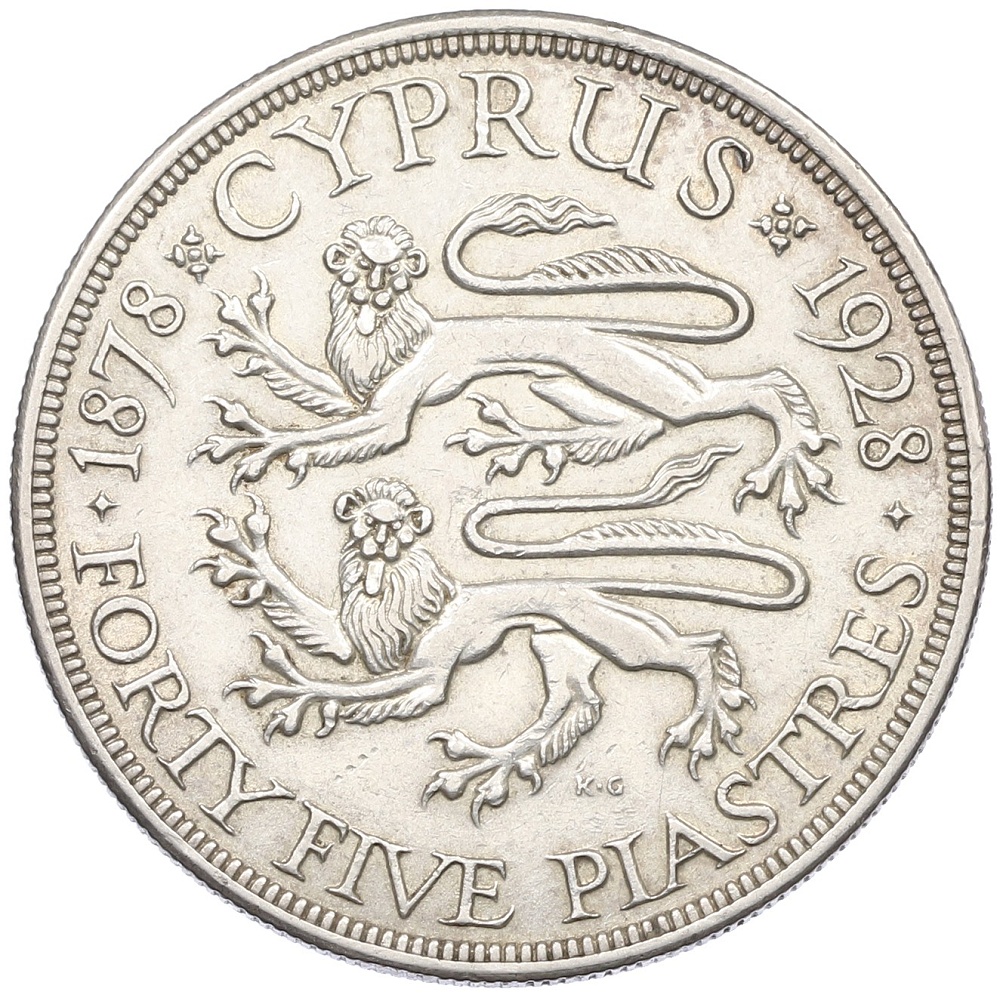 45 пиастров 1928 года Британский Кипр «50 лет английскому Кипру» — Фото №1