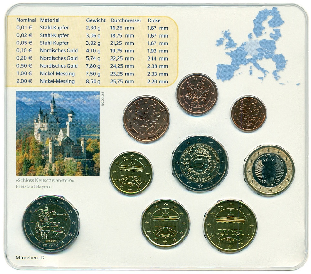 Набор из 9 евромонет 2012 года D Германия — Фото №2