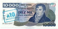 10 аустралей 1985 года Аргентина (Надпечатка на 10000 песо) — Фото №1