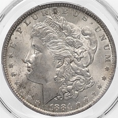 1 доллар 1884 года О США «Доллар Моргана» в слабе PCGS (MS63) — Фото №1