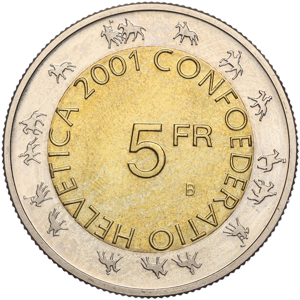 5 франков 2001 года Швейцария 2Проводы зимы в Цюрихе (Парад гильдий)» — Фото №2