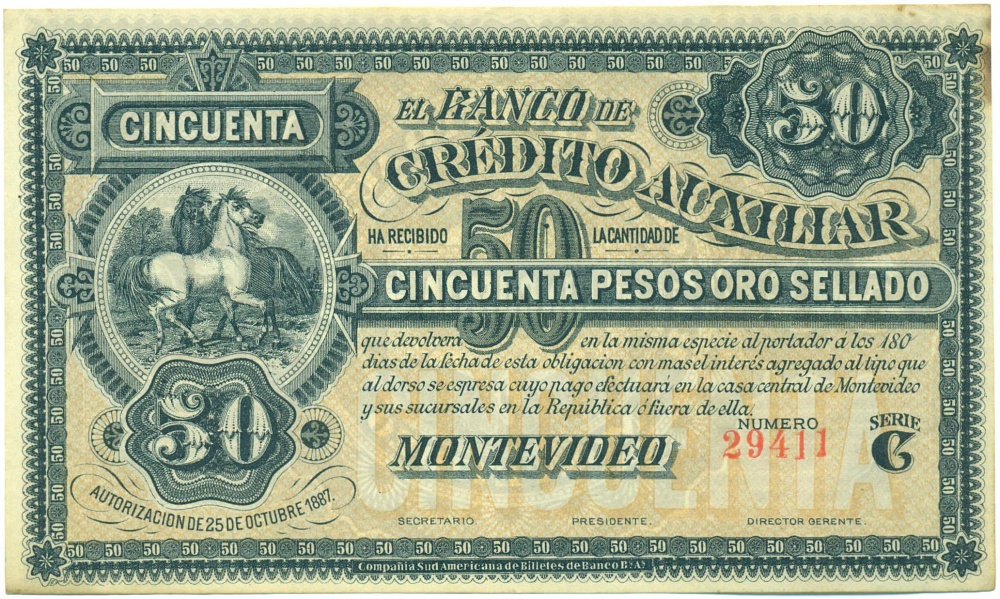 50 песо 1887 года Уругвай — Фото №1