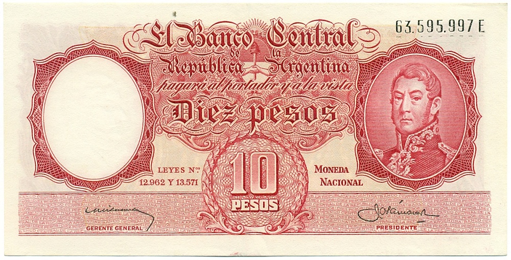 10 песо 1959 года Аргентина — Фото №1
