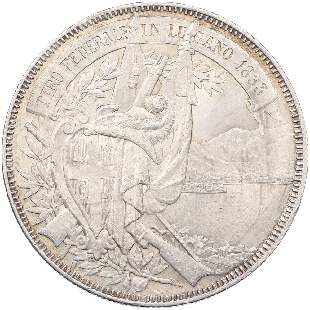 5 франков 1883 года Швейцария «Стрелковый фестиваль в Лугано» — Фото №2
