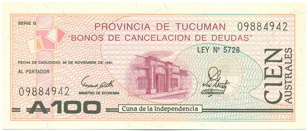100 аустралей 1991 года Аргентина — Провинция Тукуман — Фото №1