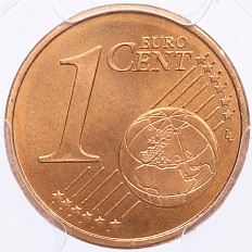 1 евроцент 1999-2024 года Брак (аверс-аверс) — в слабе PCGS (MS66RD) — Фото №2