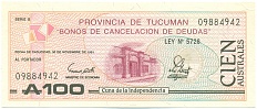 100 аустралей 1991 года Аргентина — Провинция Тукуман — Фото №1