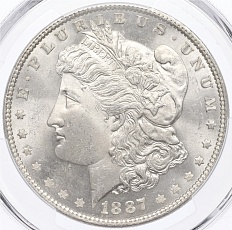 1 доллар 1887 года США «Доллар Моргана» в слабе PCGS (MS64) — Фото №1