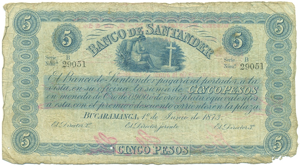 5 песо 1873 года Колумбия — Банк Сантандера — Фото №1