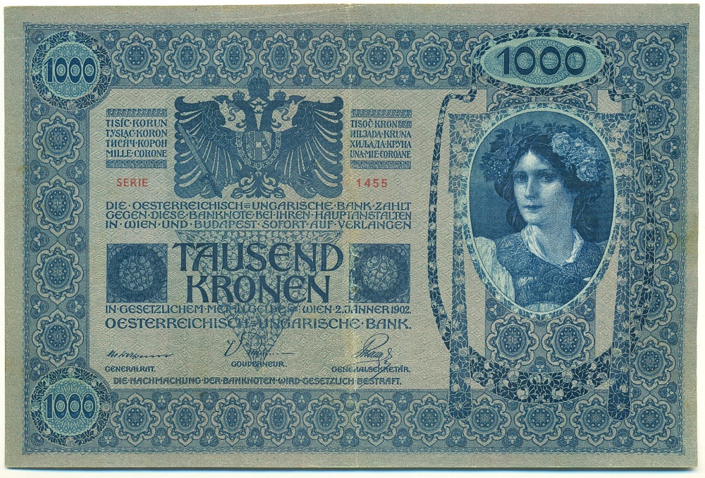 1000 крон 1919 года Австрия (Красная вертикальная надпечатка на 1000 крон 1902 года) — Фото №2