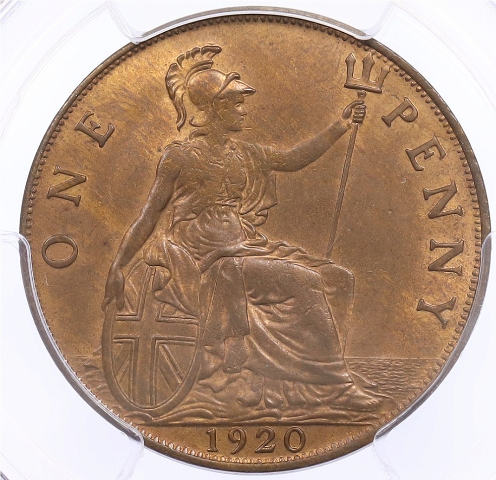 1 пенни 1920 года Великобритания (Король Георг V) в слабе PCGS (MS65RB) — Фото №1