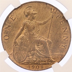1 пенни 1908 года Великобритания (Король Эдуард VII) в слабе NGC (MS63RB) — Фото №1