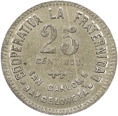 Торговый (кооперативный) жетон 25 сентимо 1923 года Испания — провинция Барселона — Фото №2