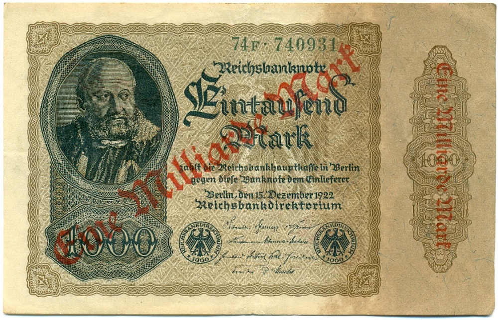 1 миллиард марок 1923 года Германия (Надпечатка на 1000 марок) — Фото №1