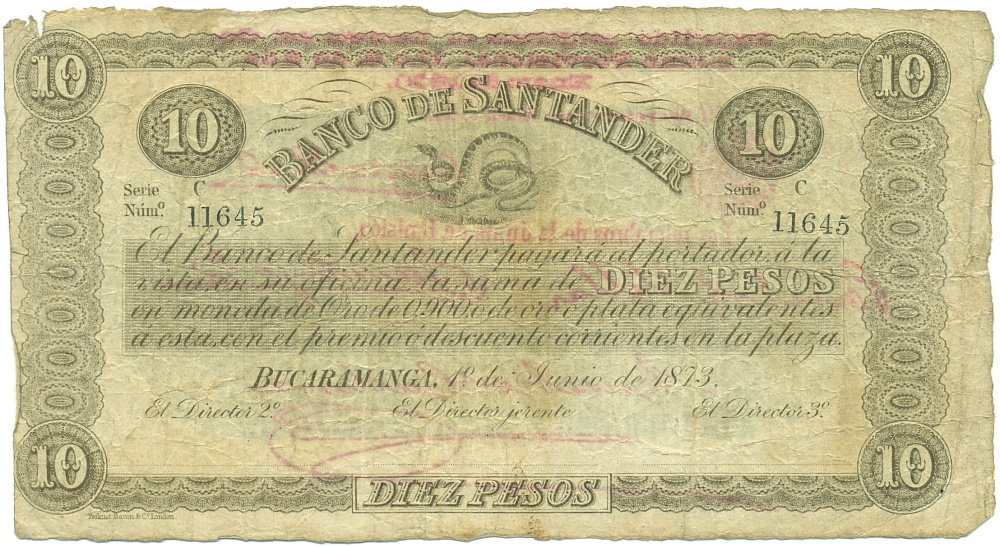 10 песо 1873 года Колумбия — Банк Сантандера — Фото №1