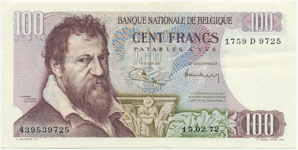 100 франков 1972 года Бельгия — Фото №1