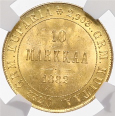 10 марок 1882 года Русская Финляндия — в слабе NGC (MS64) — Фото №1