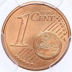1 евроцент 1999-2024 года Брак (аверс-аверс) — в слабе PCGS (MS66RD) — Фото №2