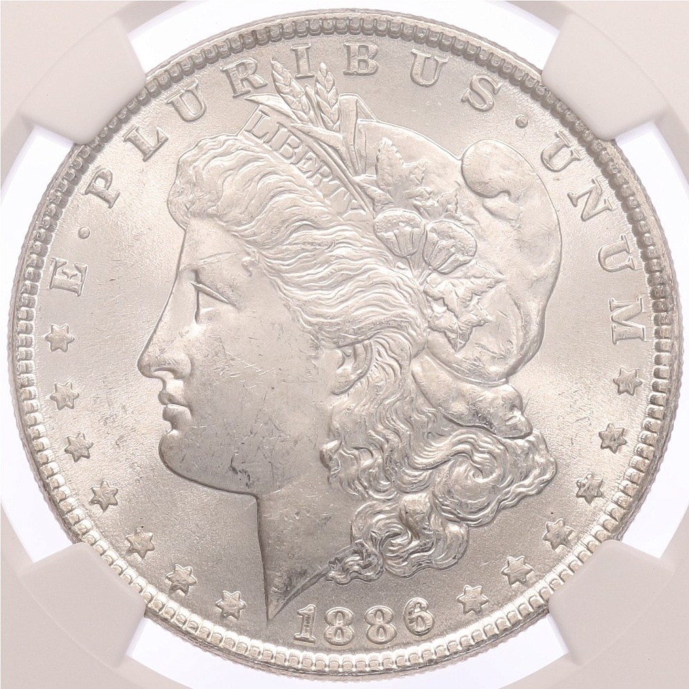 1 доллар 1886 года США «Доллар Моргана» в слабе NGC (MS63) — Фото №1