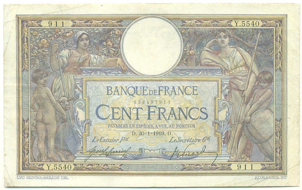 100 франков 1919 года Франция — Фото №1