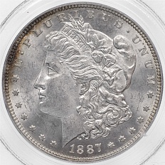 1 доллар 1887 года США «Доллар Моргана» в слабе PCGS (MS63) — Фото №1