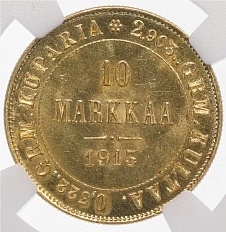 10 марок 1913 года Русская Финляндия — в слабе NGC (MS64) — Фото №1