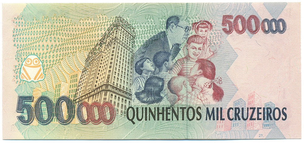 500 реалов 1993 года Бразилия (Надпечатка на 500000 крузейро) — Фото №2