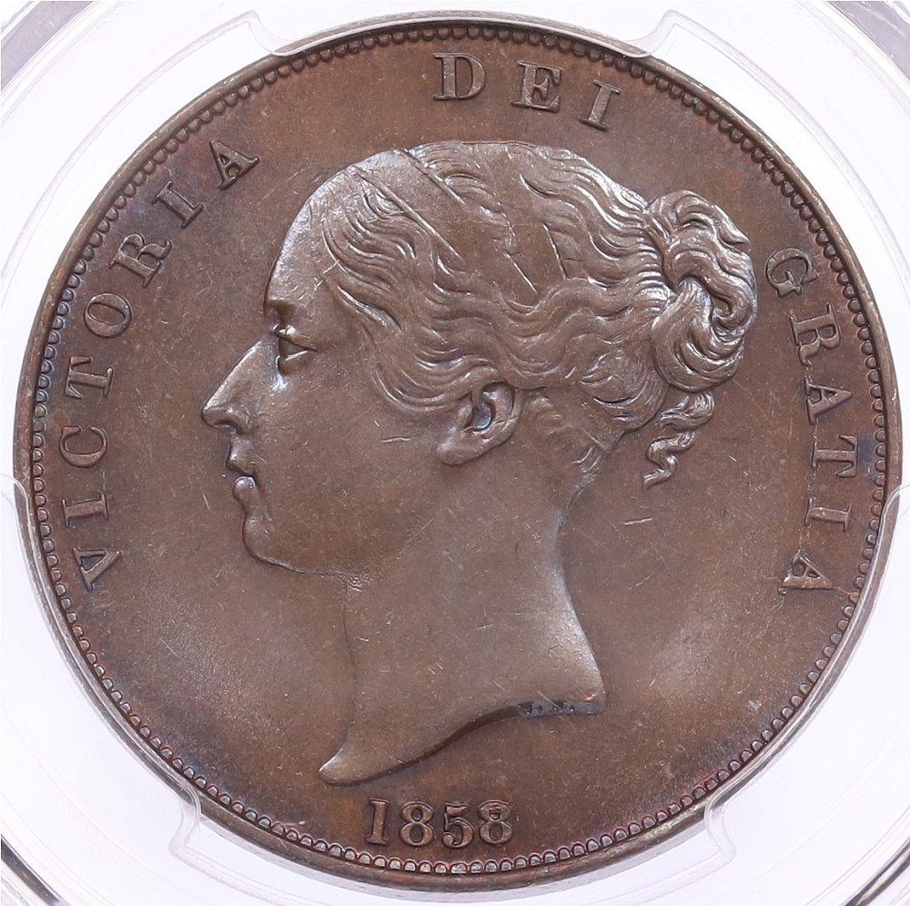 1 пенни 1858 года Великобритания (Королева Виктория) в слабе PCGS (MS63BN) — Фото №1