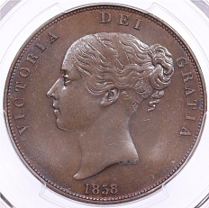 1 пенни 1858 года Великобритания (Королева Виктория) в слабе PCGS (MS63BN) — Фото №1