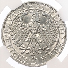 3 рейхсмарки 1928 года D Германия «400 лет со дня смерти Альбрехта Дюрера» в слабе NGC (UNC Details) — Фото №2