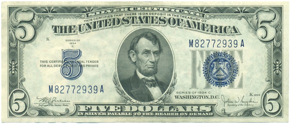5 долларов 1934 года США «Серебряный сертификат» — Фото №1