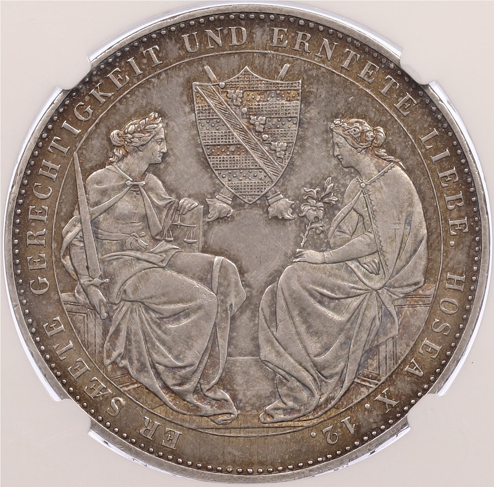 2 талера 1854 года Саксония «Смерть Короля Фридриха Августа II» в слабе NGC (AU55) — Фото №2