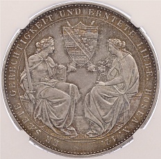 2 талера 1854 года Саксония «Смерть Короля Фридриха Августа II» в слабе NGC (AU55) — Фото №2