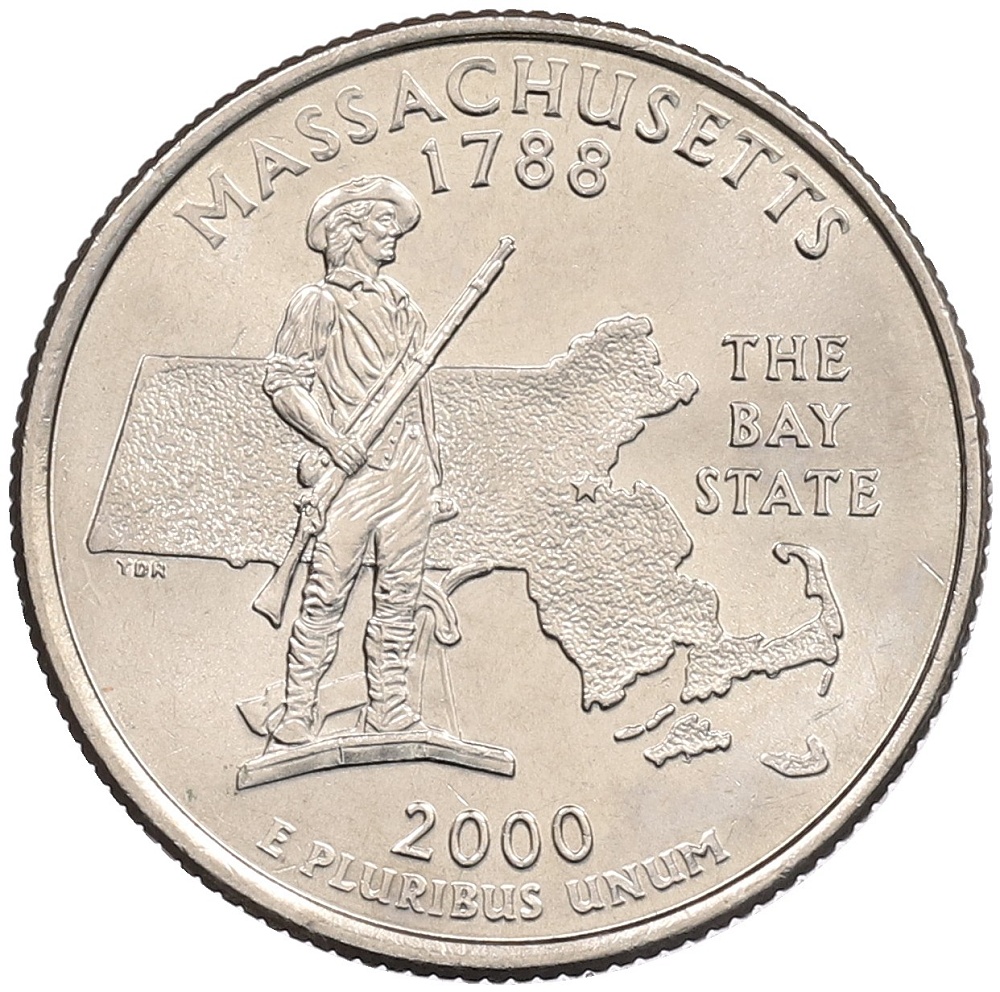 1/4 доллара (25 центов) 2000 года D США «Штаты и территории — Массачусетс» — Фото №1
